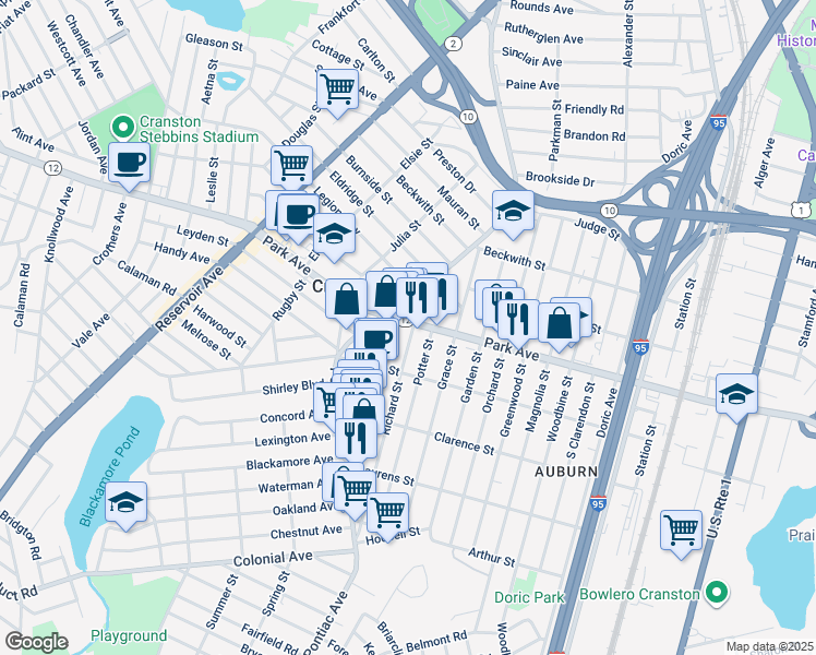map of restaurants, bars, coffee shops, grocery stores, and more near 19 Potter Street in Cranston
