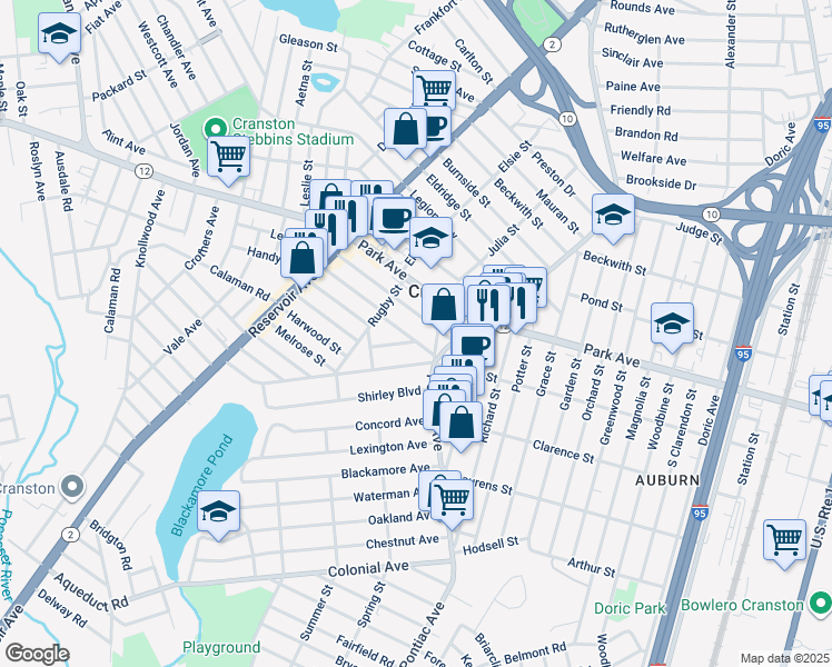 map of restaurants, bars, coffee shops, grocery stores, and more near 293 Auburn Street in Cranston
