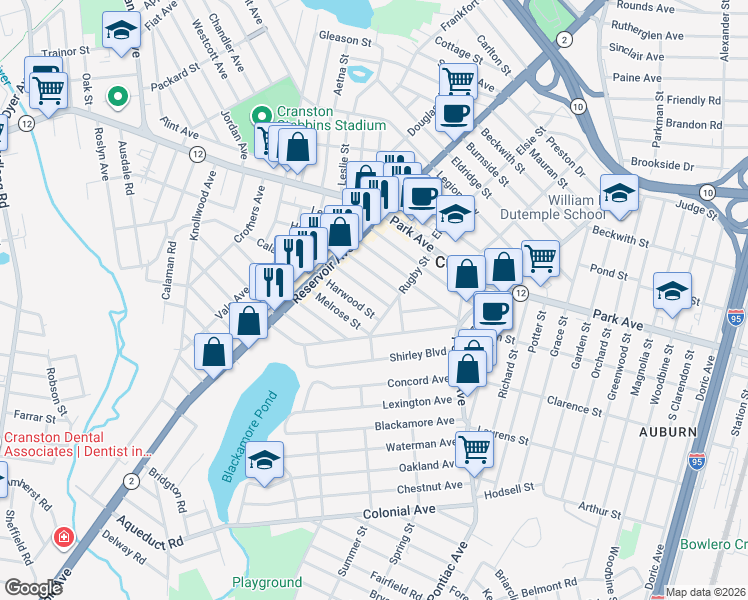 map of restaurants, bars, coffee shops, grocery stores, and more near 23 Melrose Street in Cranston
