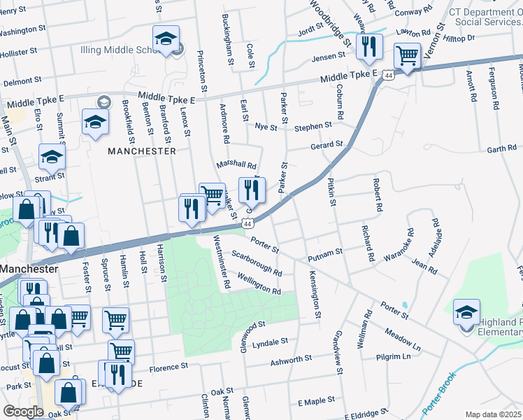map of restaurants, bars, coffee shops, grocery stores, and more near 364 East Center Street in Manchester