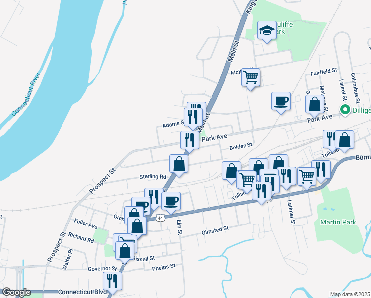 map of restaurants, bars, coffee shops, grocery stores, and more near 1453 Main Street in East Hartford