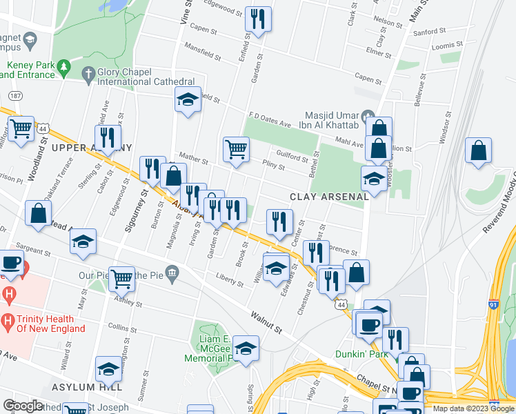 map of restaurants, bars, coffee shops, grocery stores, and more near 118 Fairmount Street in Hartford