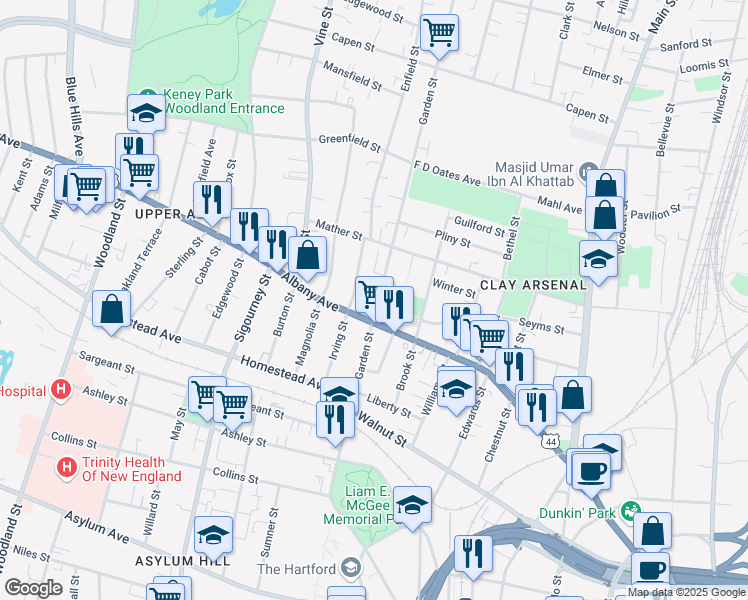 map of restaurants, bars, coffee shops, grocery stores, and more near 498-500 Albany Avenue in Hartford