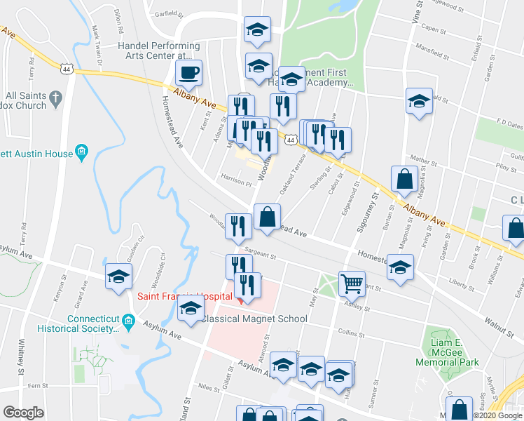 map of restaurants, bars, coffee shops, grocery stores, and more near 255 Homestead Avenue in Hartford