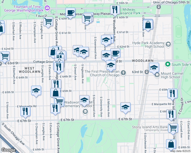map of restaurants, bars, coffee shops, grocery stores, and more near 6421 South Ellis Avenue in Chicago