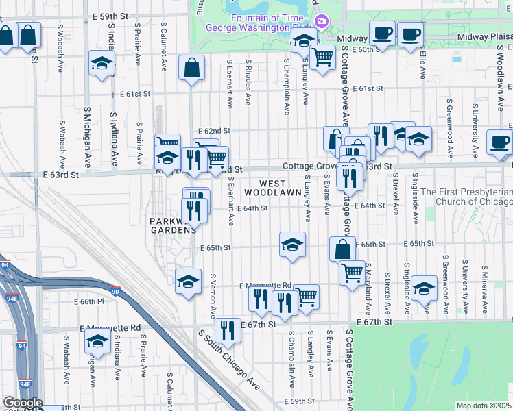 map of restaurants, bars, coffee shops, grocery stores, and more near 6415 South Rhodes Avenue in Chicago