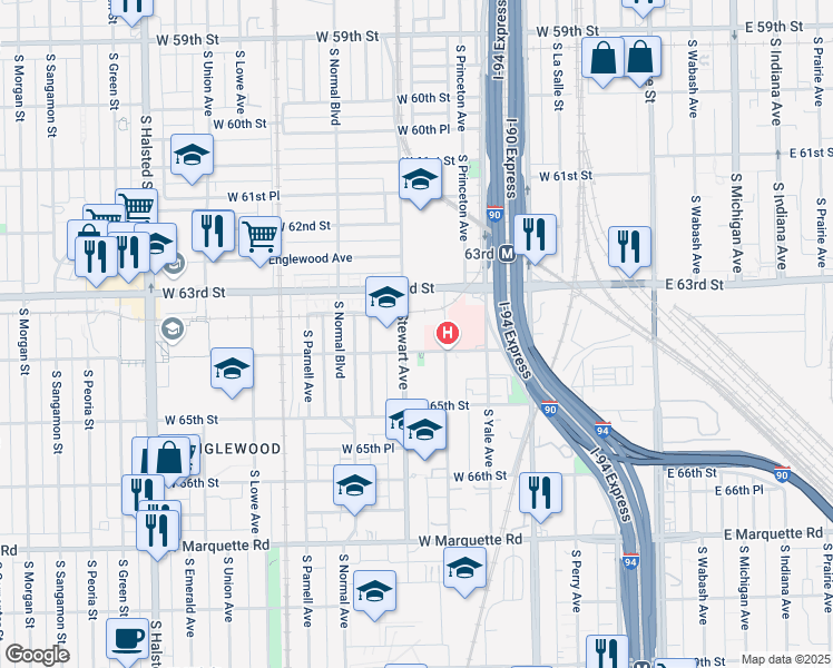 map of restaurants, bars, coffee shops, grocery stores, and more near 6204 South Stewart Avenue in Chicago