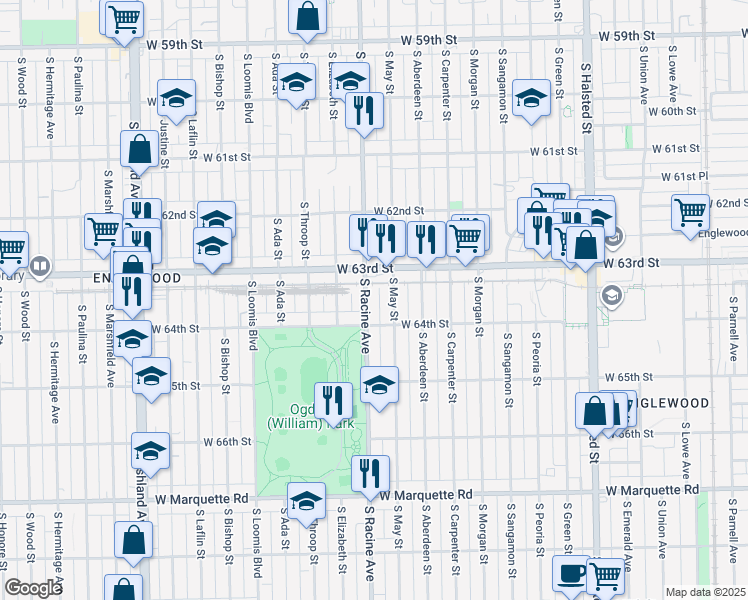 map of restaurants, bars, coffee shops, grocery stores, and more near 1150 West 64th Street in Chicago