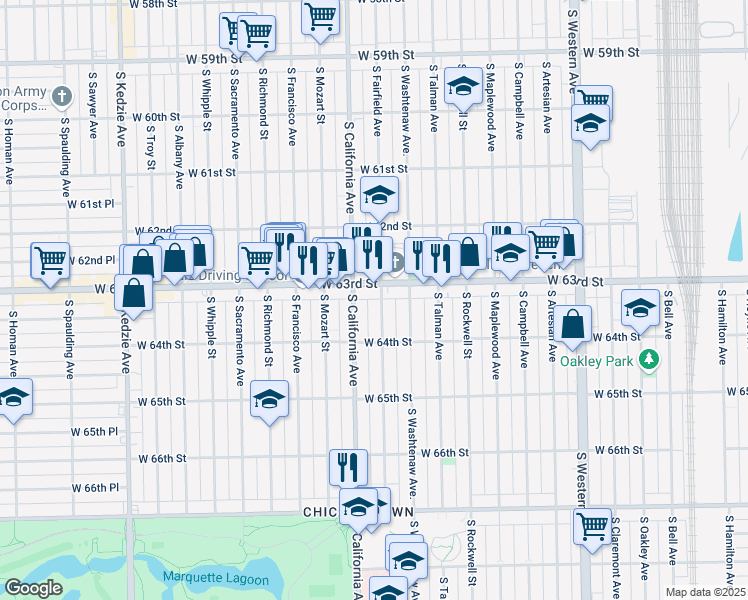 map of restaurants, bars, coffee shops, grocery stores, and more near 6335 South California Avenue in Chicago