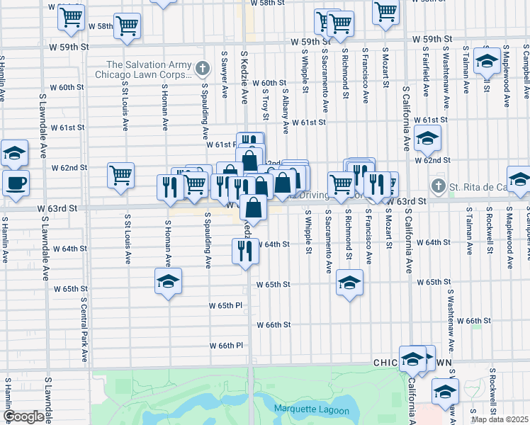 map of restaurants, bars, coffee shops, grocery stores, and more near 6328 South Troy Street in Chicago