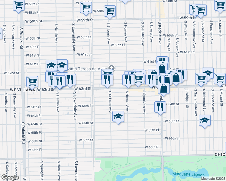 map of restaurants, bars, coffee shops, grocery stores, and more near 3438 West 63rd Place in Chicago