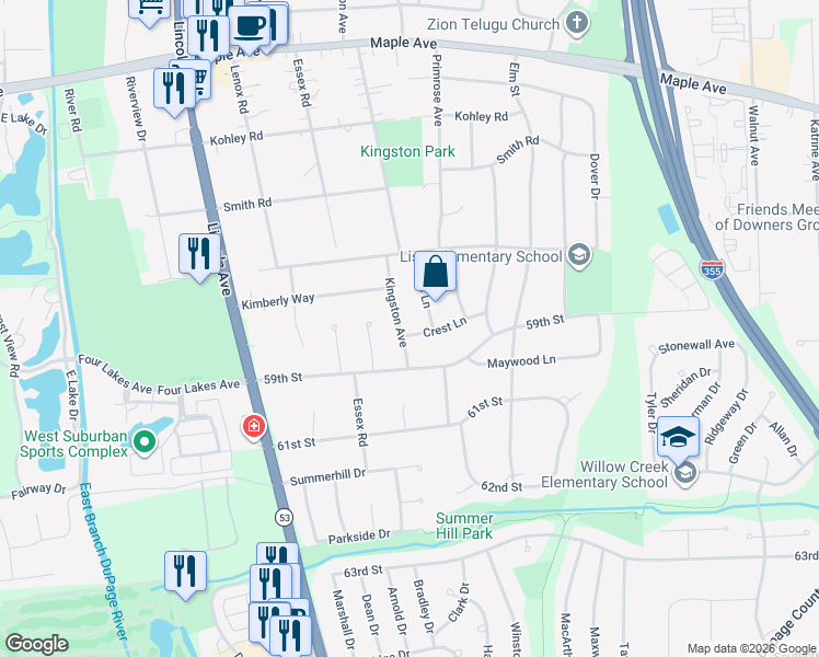 map of restaurants, bars, coffee shops, grocery stores, and more near 709 Crest Lane in Lisle