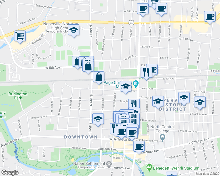 map of restaurants, bars, coffee shops, grocery stores, and more near 226 Spring Avenue in Naperville