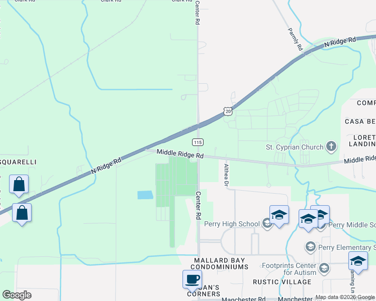 map of restaurants, bars, coffee shops, grocery stores, and more near 3883 Middle Ridge Road in Perry