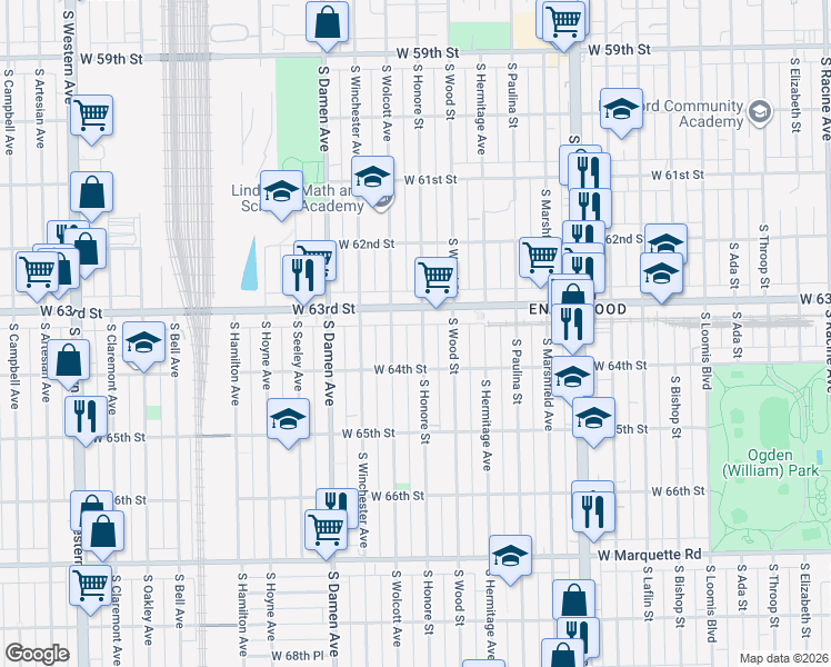 map of restaurants, bars, coffee shops, grocery stores, and more near 6322 South Honore Street in Chicago