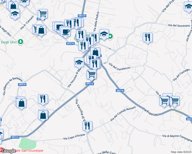 map of restaurants, bars, coffee shops, grocery stores, and more near 104 Viale Vittorio Veneto in Grottaferrata