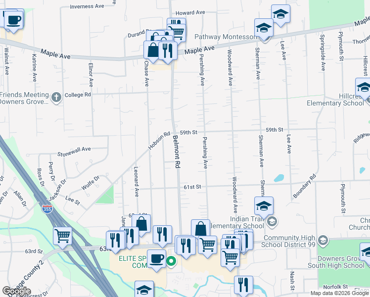 map of restaurants, bars, coffee shops, grocery stores, and more near 5939 Belmont Road in Downers Grove