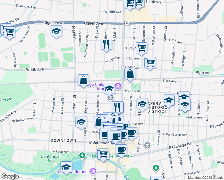 map of restaurants, bars, coffee shops, grocery stores, and more near 75 Spring Avenue in Naperville