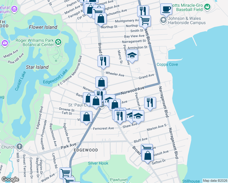 map of restaurants, bars, coffee shops, grocery stores, and more near 185 Norwood Avenue in Cranston