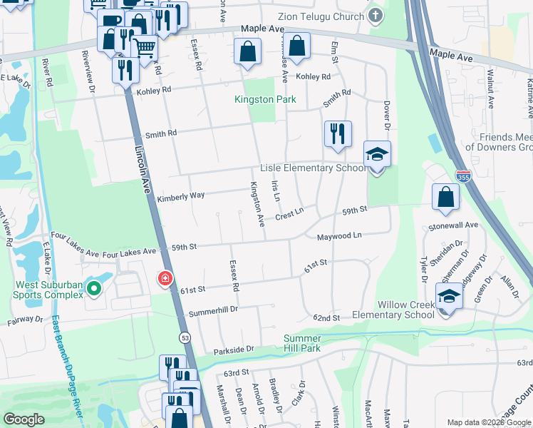 map of restaurants, bars, coffee shops, grocery stores, and more near 709 Crest Lane in Lisle