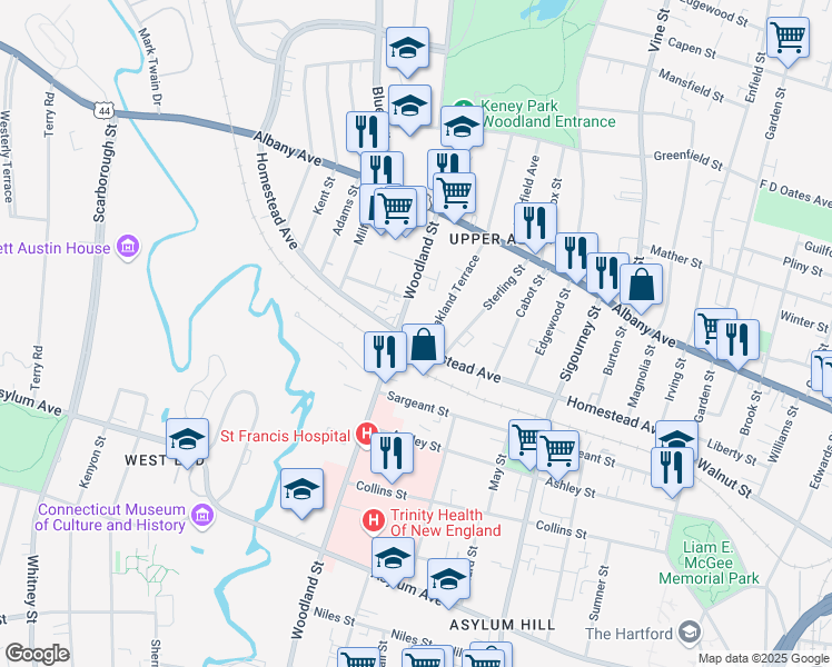 map of restaurants, bars, coffee shops, grocery stores, and more near 255 Homestead Avenue in Hartford