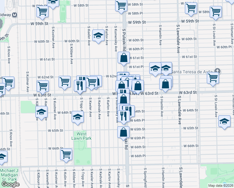 map of restaurants, bars, coffee shops, grocery stores, and more near W 63rd St & S Komensky Ave in Chicago