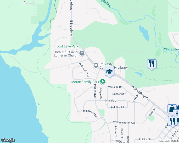 map of restaurants, bars, coffee shops, grocery stores, and more near 241 North Cherokee Drive in Polk City