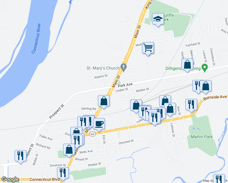 map of restaurants, bars, coffee shops, grocery stores, and more near Linden Street in East Hartford