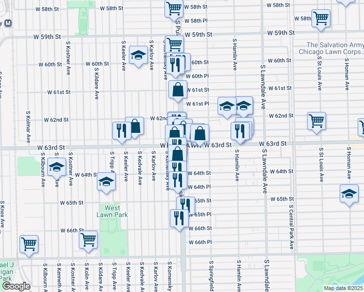 map of restaurants, bars, coffee shops, grocery stores, and more near South Pulaski Road & West 63rd Street in Chicago