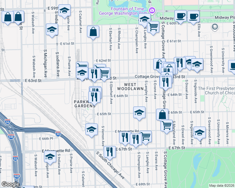 map of restaurants, bars, coffee shops, grocery stores, and more near 6415 South Rhodes Avenue in Chicago