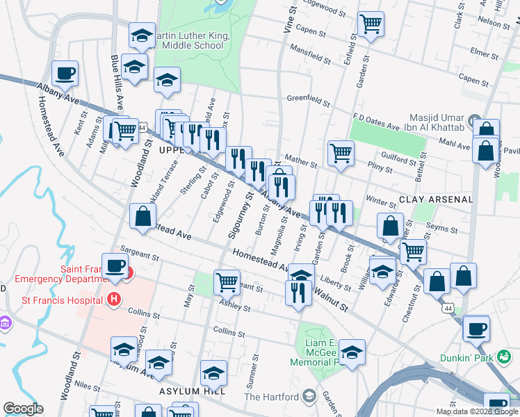 map of restaurants, bars, coffee shops, grocery stores, and more near 43 Burton Street in Hartford