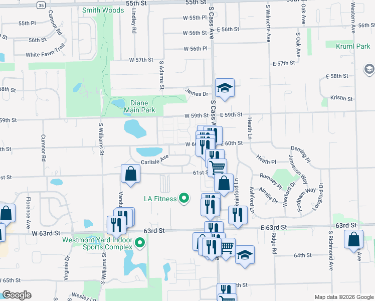 map of restaurants, bars, coffee shops, grocery stores, and more near 920 Noel Court in Westmont