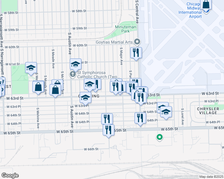 map of restaurants, bars, coffee shops, grocery stores, and more near 5718 West 63rd Street in Chicago