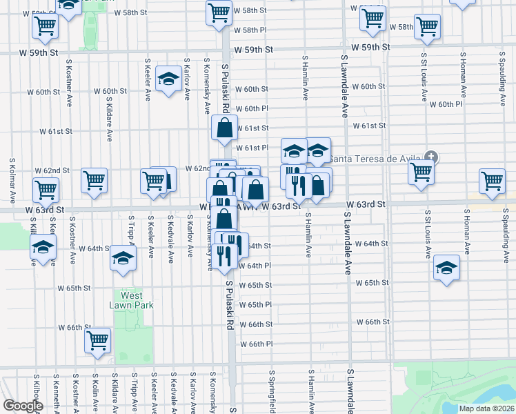 map of restaurants, bars, coffee shops, grocery stores, and more near 3928 West 63rd Place in Chicago