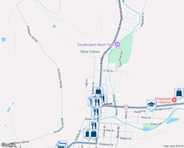 map of restaurants, bars, coffee shops, grocery stores, and more near 73-257 Hill Street in Coudersport