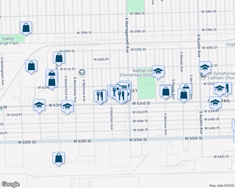 map of restaurants, bars, coffee shops, grocery stores, and more near 6442 West 63rd Street in Chicago