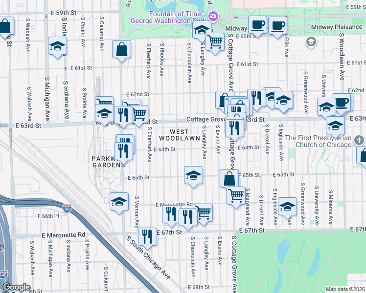 map of restaurants, bars, coffee shops, grocery stores, and more near 608 East 64th Street in Chicago