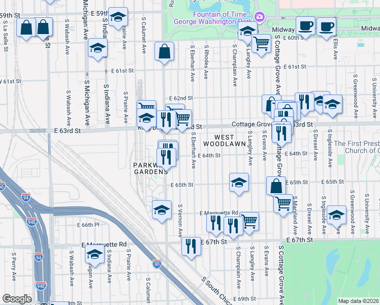 map of restaurants, bars, coffee shops, grocery stores, and more near 6416 South Eberhart Avenue in Chicago