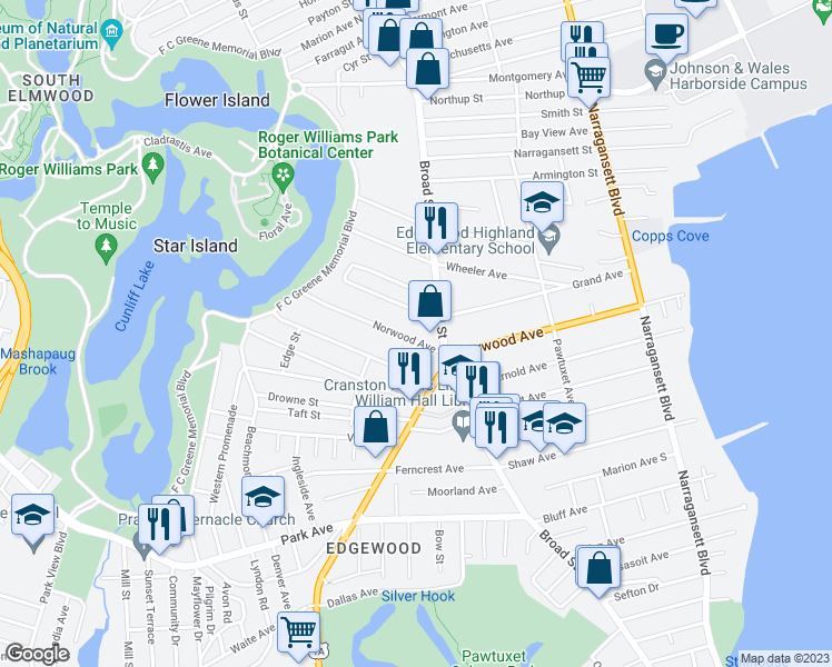 map of restaurants, bars, coffee shops, grocery stores, and more near 228 Norwood Avenue in Cranston