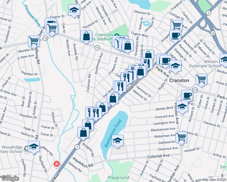 map of restaurants, bars, coffee shops, grocery stores, and more near 11 Riverfarm Road in Cranston