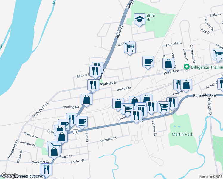 map of restaurants, bars, coffee shops, grocery stores, and more near 66 Woodbridge Avenue in East Hartford
