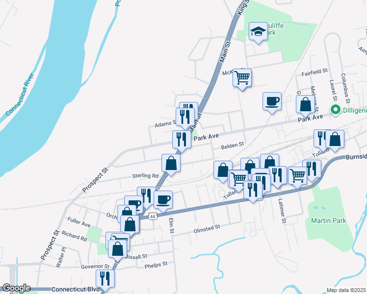 map of restaurants, bars, coffee shops, grocery stores, and more near 1453 Main Street in East Hartford