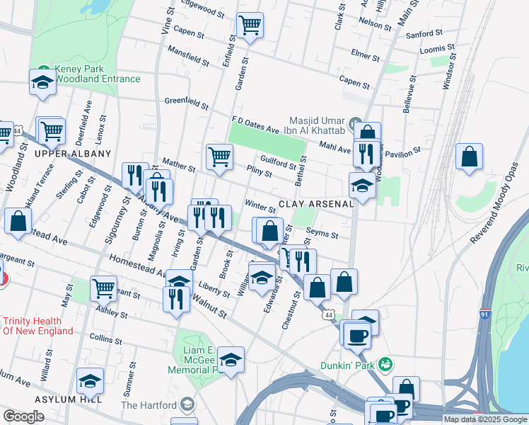 map of restaurants, bars, coffee shops, grocery stores, and more near 118 Fairmount Street in Hartford