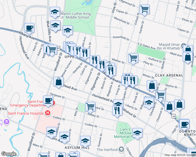 map of restaurants, bars, coffee shops, grocery stores, and more near 43 Burton Street in Hartford