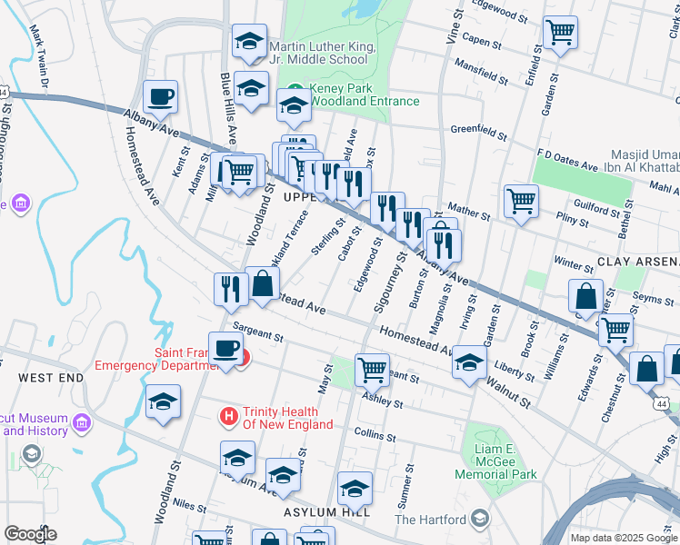 map of restaurants, bars, coffee shops, grocery stores, and more near 18-20 Cabot Street in Hartford