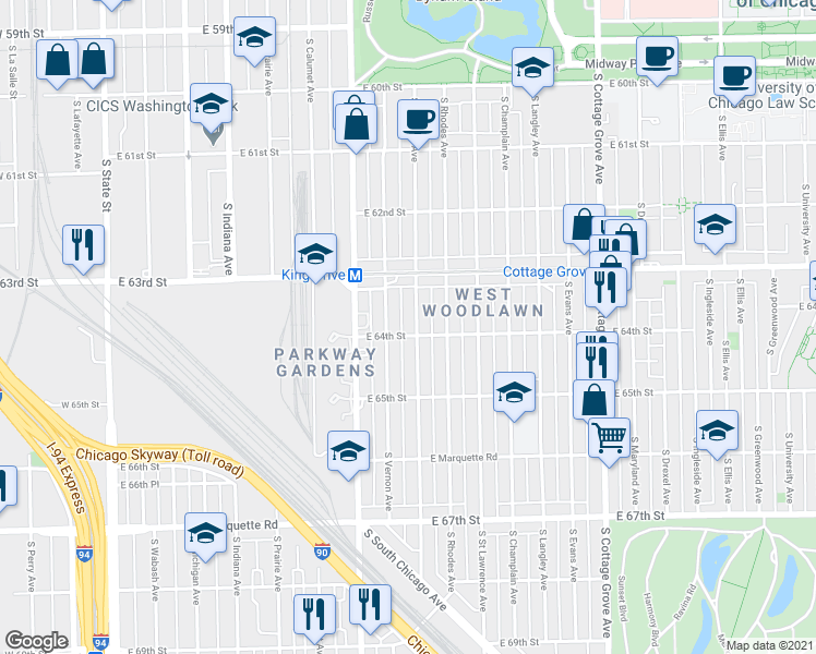 map of restaurants, bars, coffee shops, grocery stores, and more near 6416 South Eberhart Avenue in Chicago