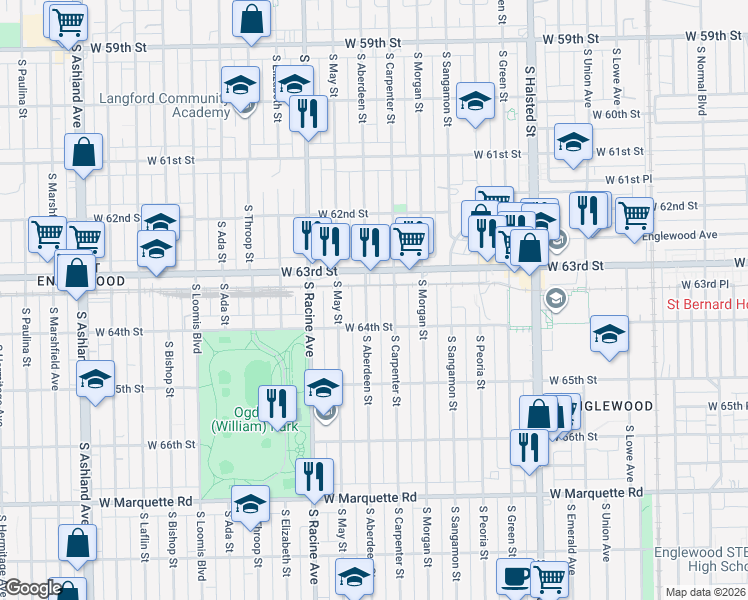 map of restaurants, bars, coffee shops, grocery stores, and more near 6358 South Carpenter Street in Chicago