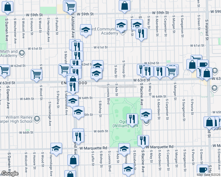 map of restaurants, bars, coffee shops, grocery stores, and more near 1346 West 64th Street in Chicago