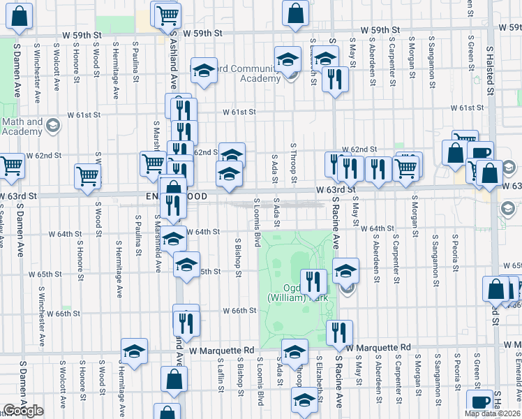 map of restaurants, bars, coffee shops, grocery stores, and more near 1346 West 64th Street in Chicago