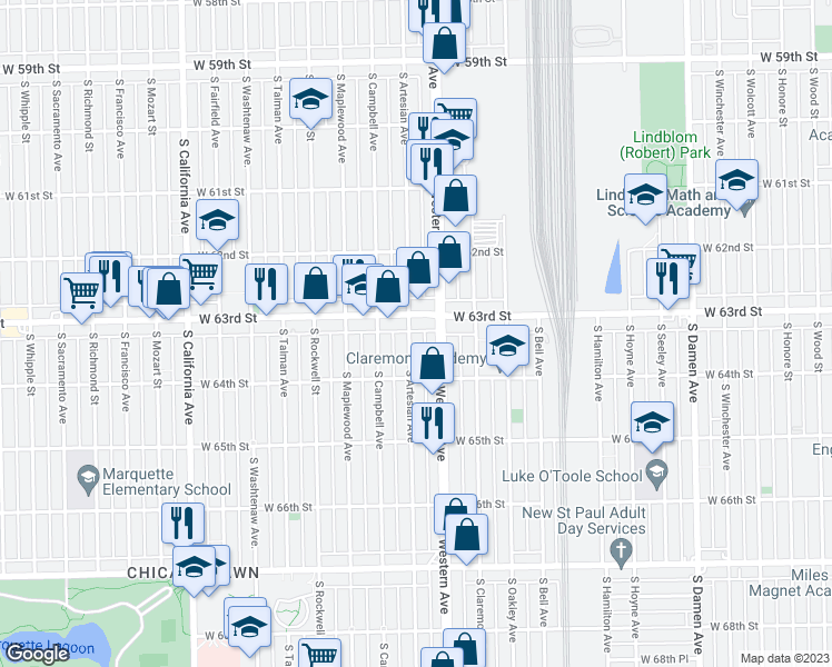 map of restaurants, bars, coffee shops, grocery stores, and more near 6340 South Western Avenue in Chicago